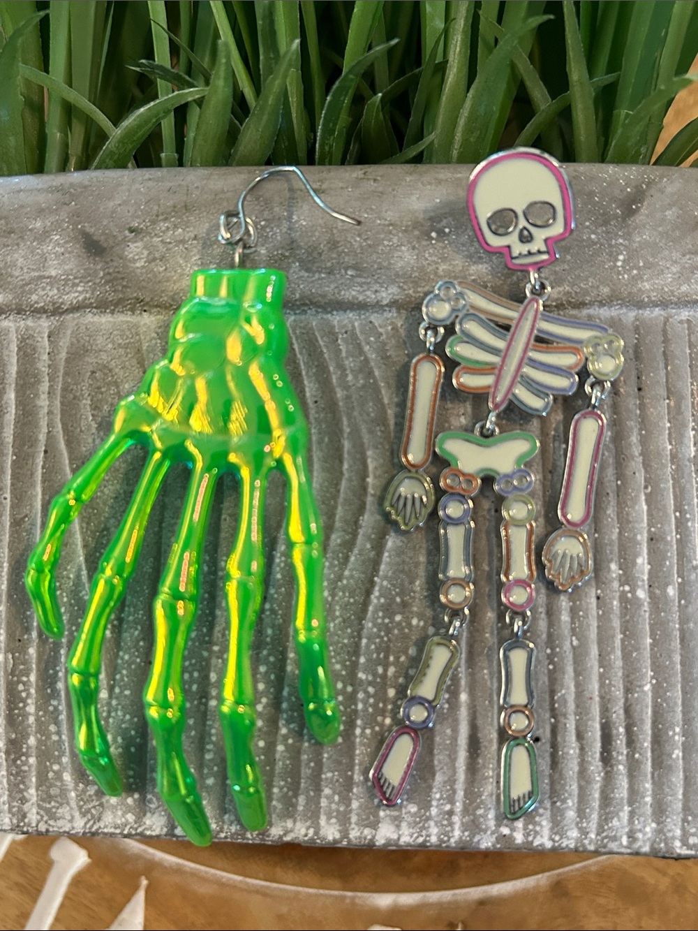 Halloween earrings neon Green Skeleton Hand & Pastel SugarFix skeleton Dangles
